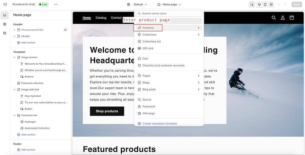 Theme editor template dropdown switched to the Product template.