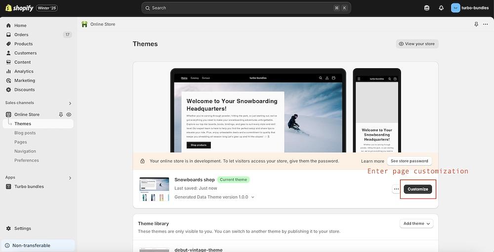 Shopify admin Themes page with the Customize button highlighted.