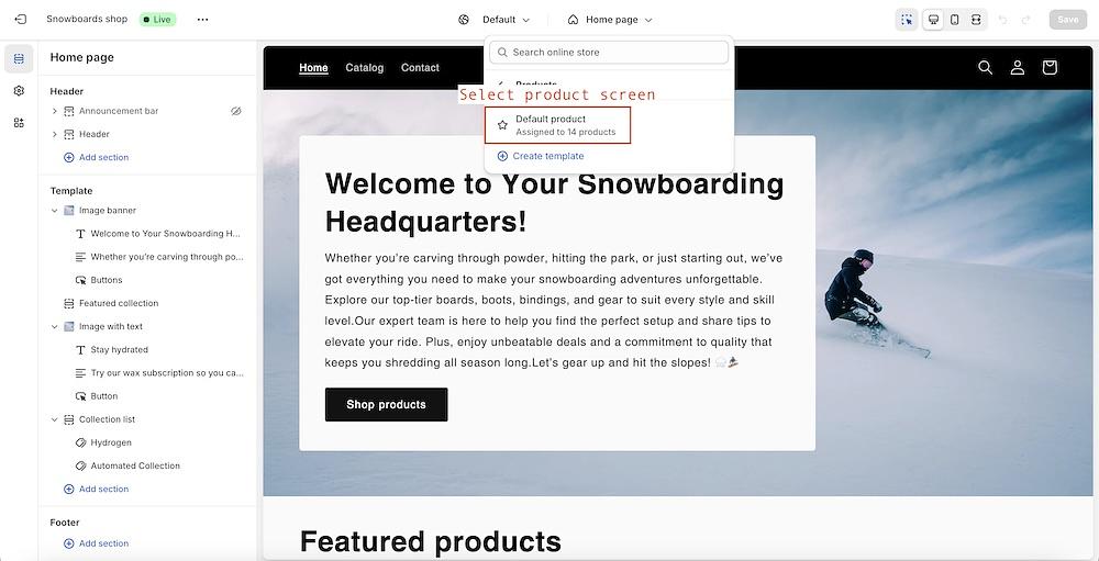 Theme editor showing the default product page with the sidebar sections.