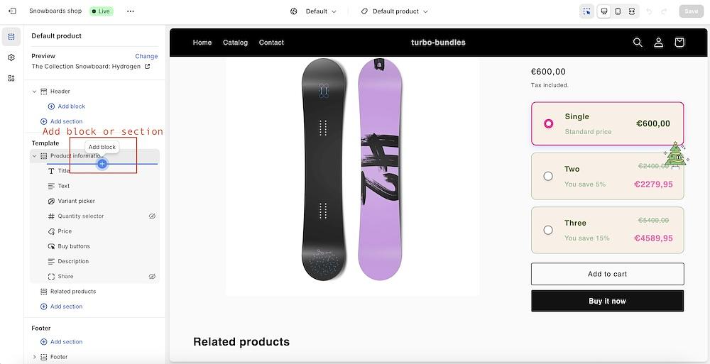 Add block menu open inside the Product information section.