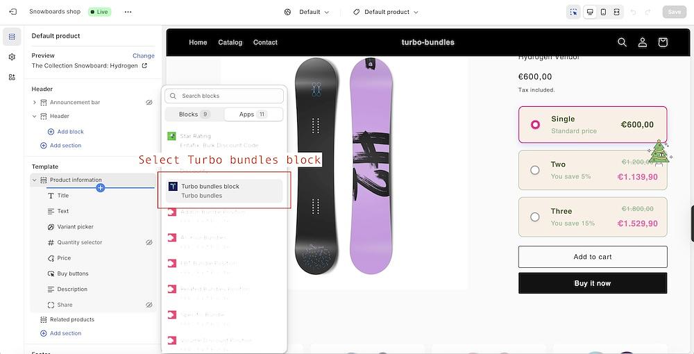 App blocks list with Turbo Bundles selected.