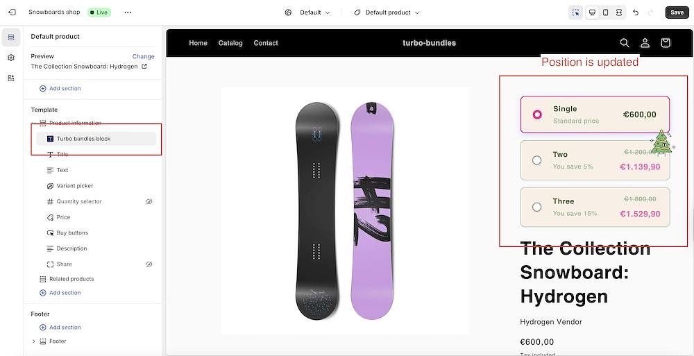 Theme preview showing the Turbo Bundles widget on the product page.